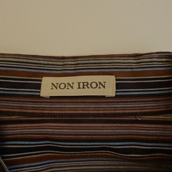 Pronto Uomo XXL Non Iron‎ Brown Blue Striped Pocket Front Collared Dress Shirt - Picture 9 of 11